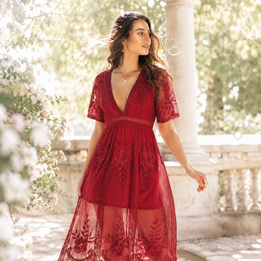 Boho Burgundy Lace Mesh Maxi Dress Womens Small Embroidered Cottagecore Fairy